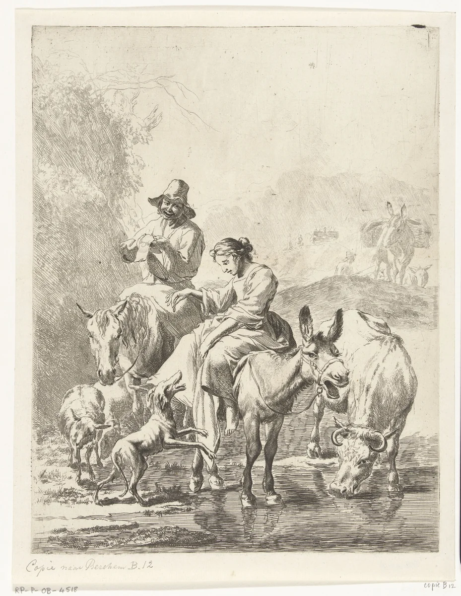 Herderin op ezel en herder op paard steken beek over by anonymous, print, 1652-1733