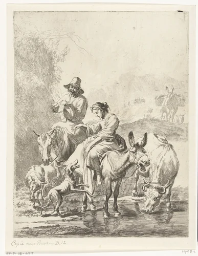 Herderin op ezel en herder op paard steken beek over by anonymous, print, 1652-1733