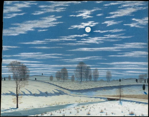 Winter Scene in Moonlight by Henry Farrer, artwork, 1869
