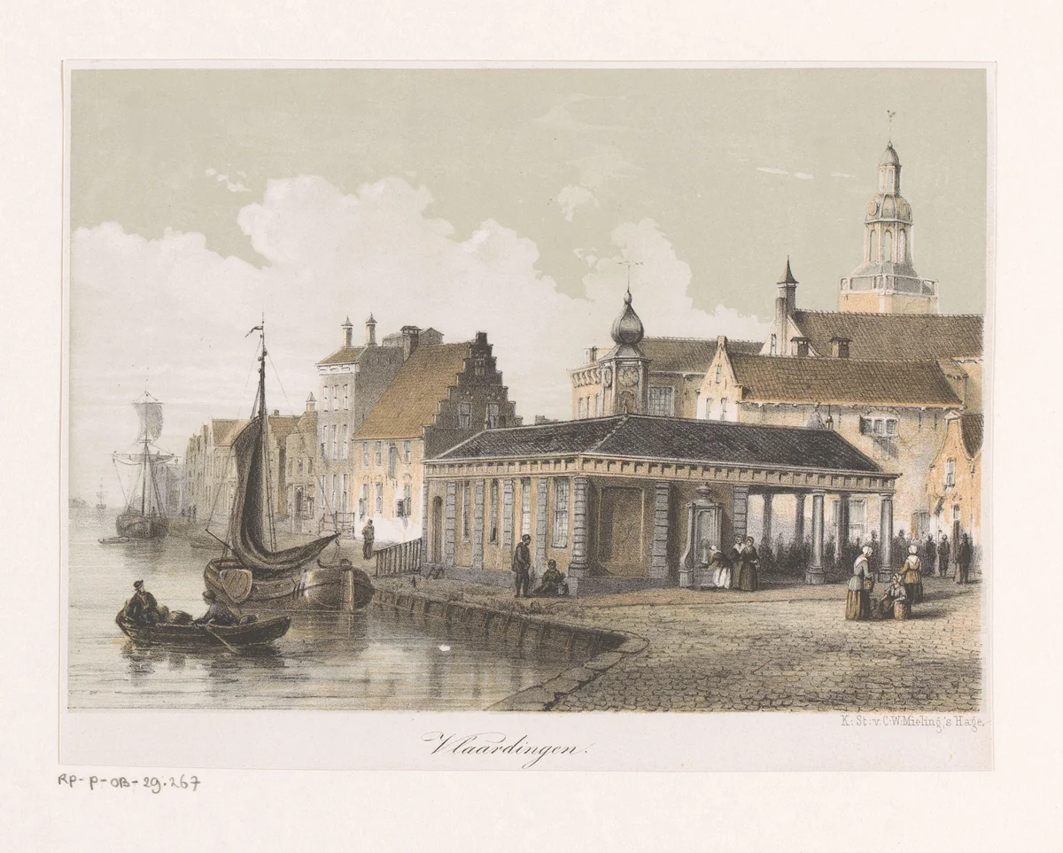 Gezicht op de Visbank in Vlaardingen by anonymous, print, 1863