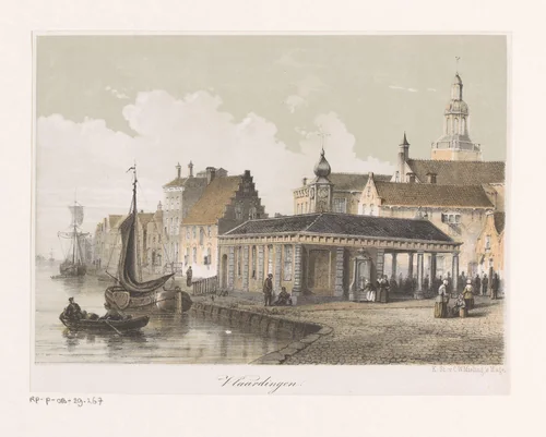 Gezicht op de Visbank in Vlaardingen by anonymous, print, 1863