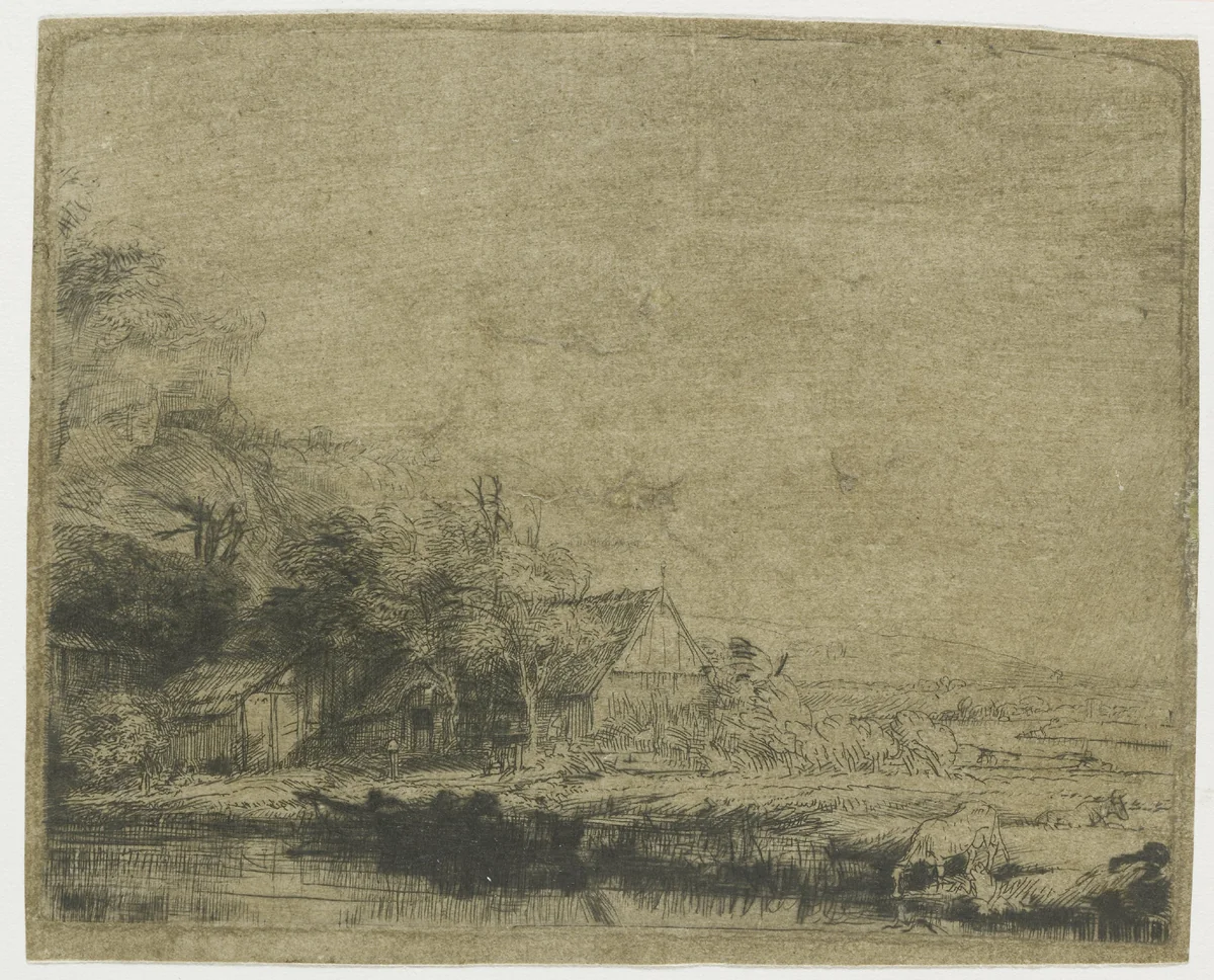 Landscape with a cow drinking by Rembrandt van Rijn, print, 1650