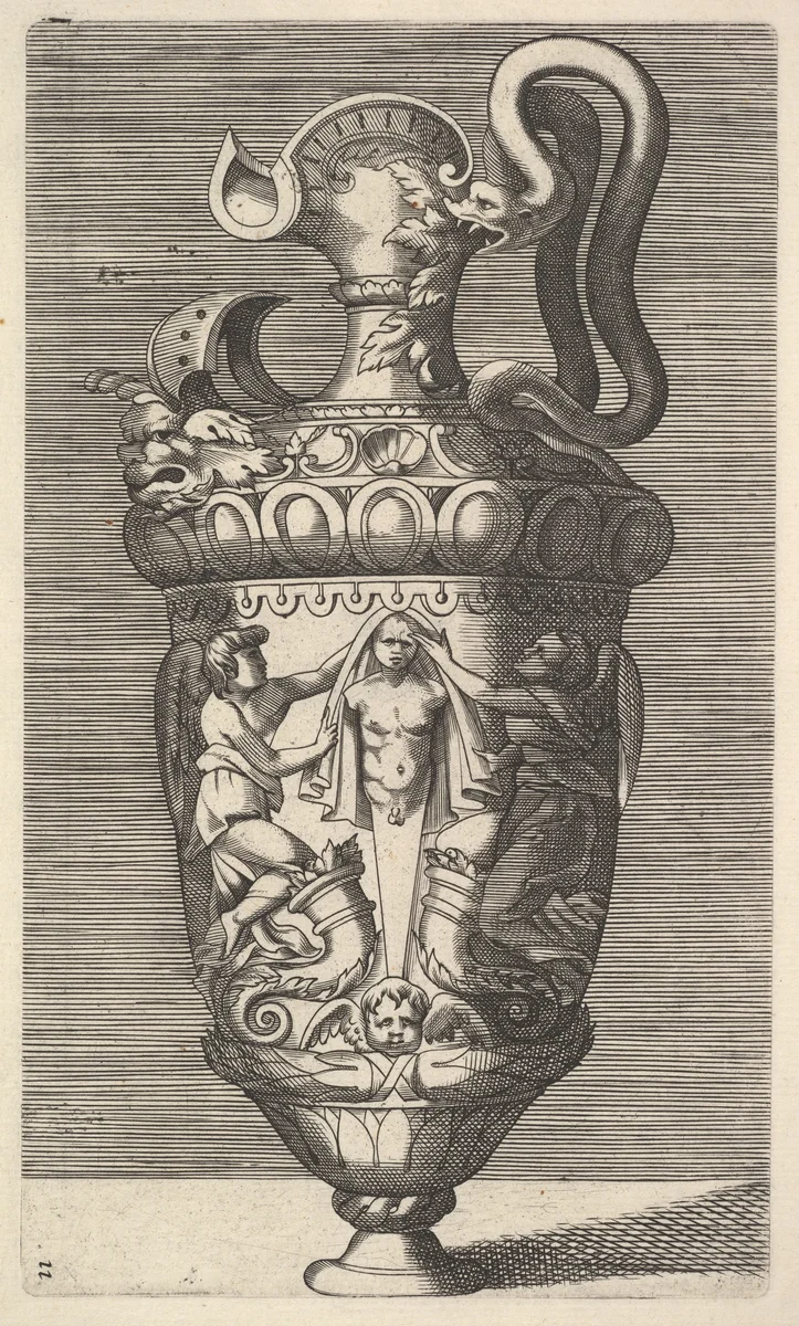 Vase with Two Winged Figures Draping a Term by René Boyvin, print, 1600-1690