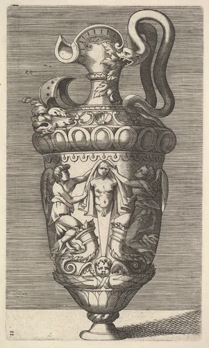 Vase with Two Winged Figures Draping a Term by René Boyvin, print, 1600-1690
