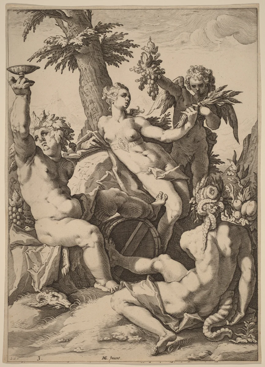 Without Ceres and Bacchus, Venus Would Freeze by Jacob Matham, print, 1588