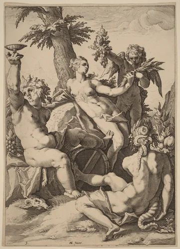 Without Ceres and Bacchus, Venus Would Freeze by Jacob Matham, print, 1588