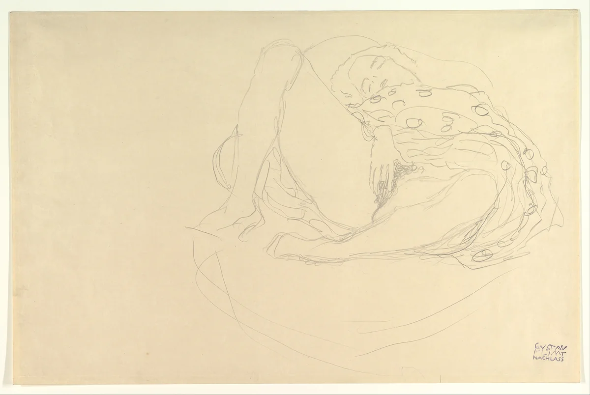 Reclining Nude with Drapery by Gustav Klimt, drawing, 1907-1917