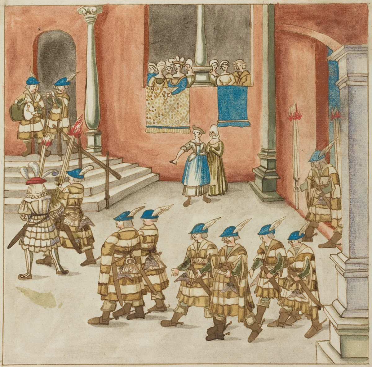 Procession of Knights Viewed by Ladies on a Balcony by German 16th Century, drawing, 1515