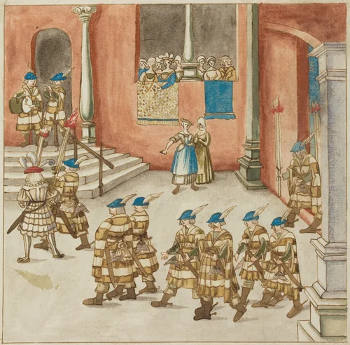 Procession of Knights Viewed by Ladies on a Balcony by German 16th Century, drawing, 1515