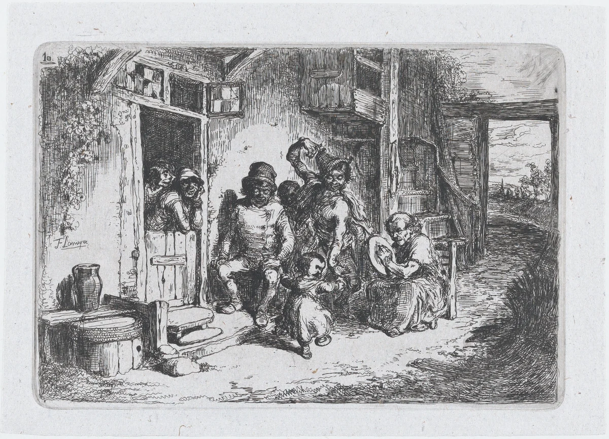 Plate 10: two figures dancing, another seated playing an drum, from the series of customs and pastimes of the Spanish people by Francisco Lameyer, print, 1850