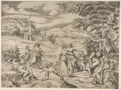 Mercury at the right telling the story of Pan and Syrinx by Giulio Bonasone, print, 1531-1576