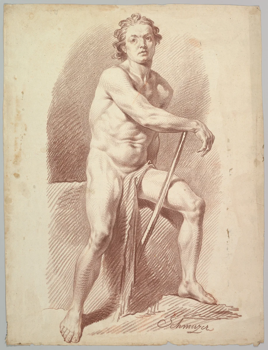 Seated Male Nude Resting on a Stick by Jakob Matthias Schmutzer, drawing, 1765-1810