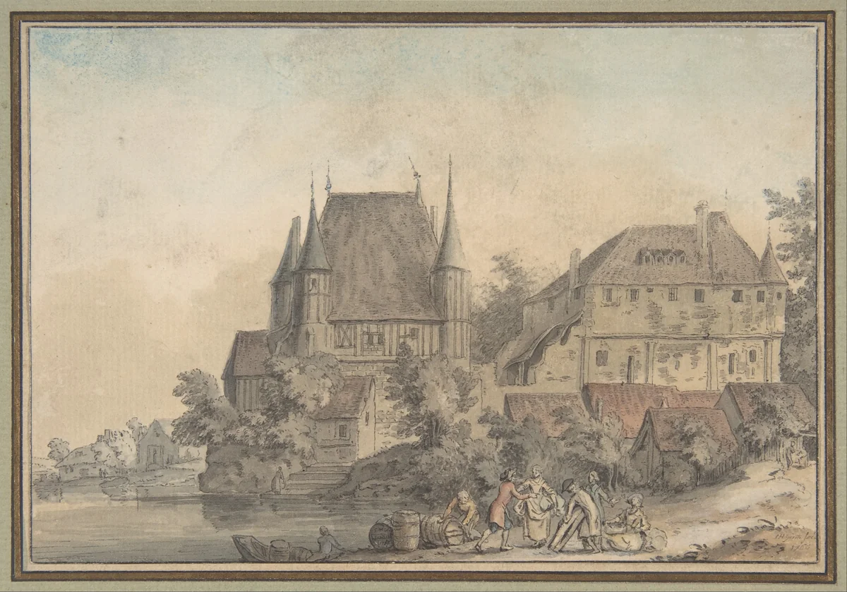 View of a Village alongside a River by Samuel Hieronymus Grimm, drawing, 1766