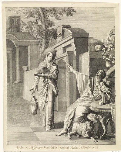 Blinde profeet Achia spreekt tot de vermomde vrouw van Jerobeam by Caspar Luyken, print, 1708