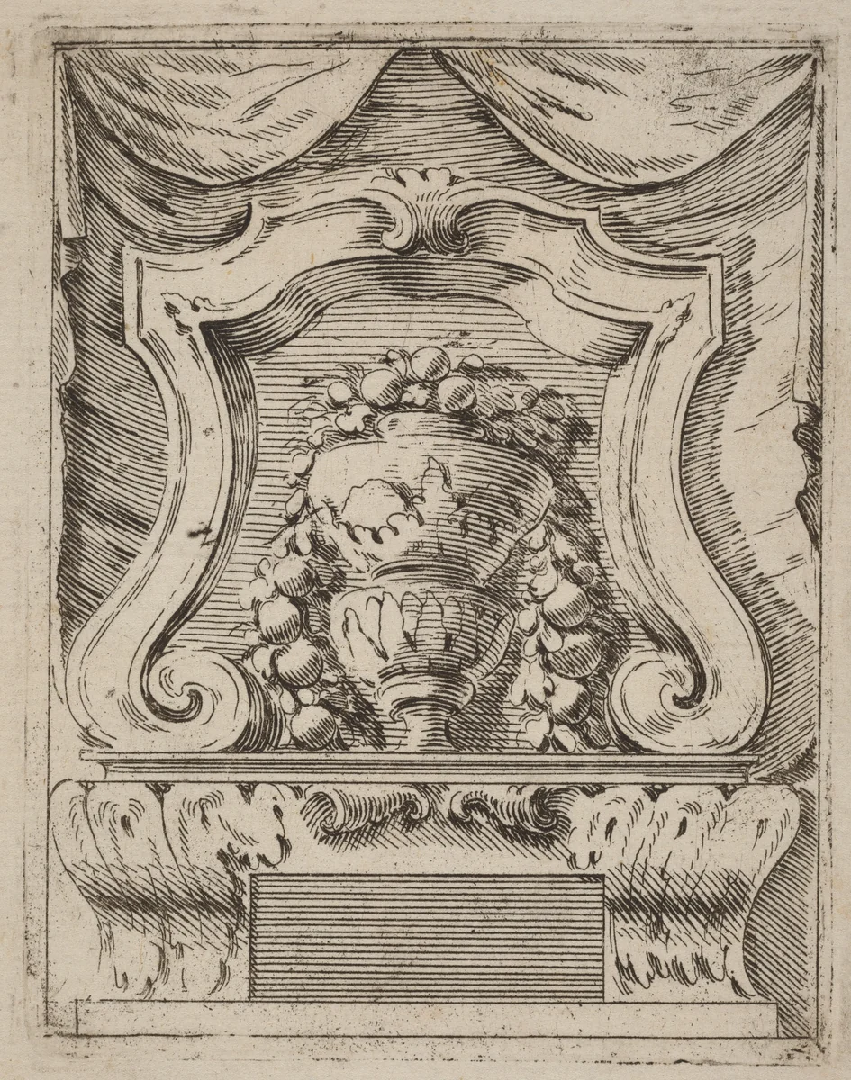 Architectural Motif with Fruit in a Vase by Carlo Antonio Buffagnotti, print, 1690