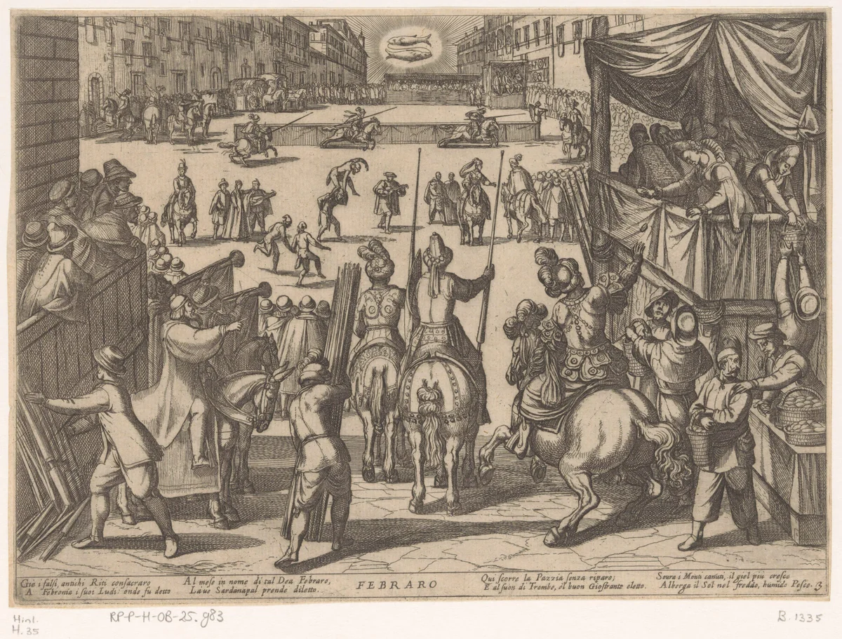 Februari: een toernooi (vissen) by Antonio Tempesta, print, 1599
