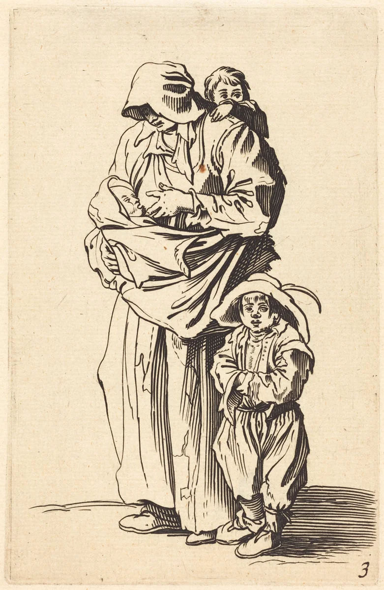 Mother and Three Children by Jacques Callot, print, 1622-1699
