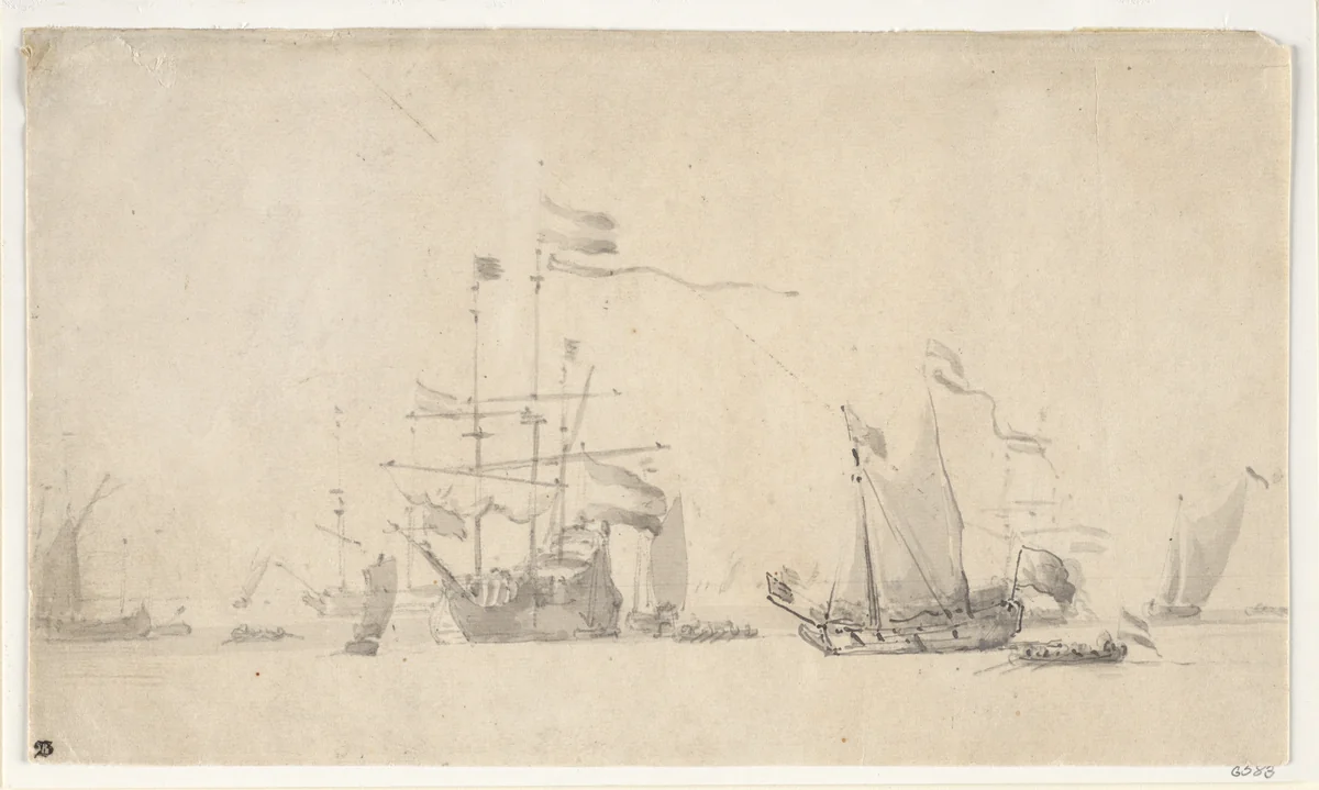 Dutch Ships at Anchor with a Yacht Lying Head to the Wind by Willem van de Velde II, drawing, 1664