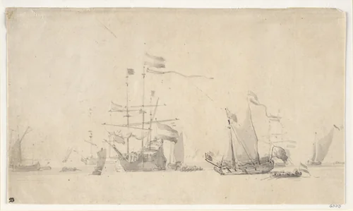Dutch Ships at Anchor with a Yacht Lying Head to the Wind by Willem van de Velde II, drawing, 1664