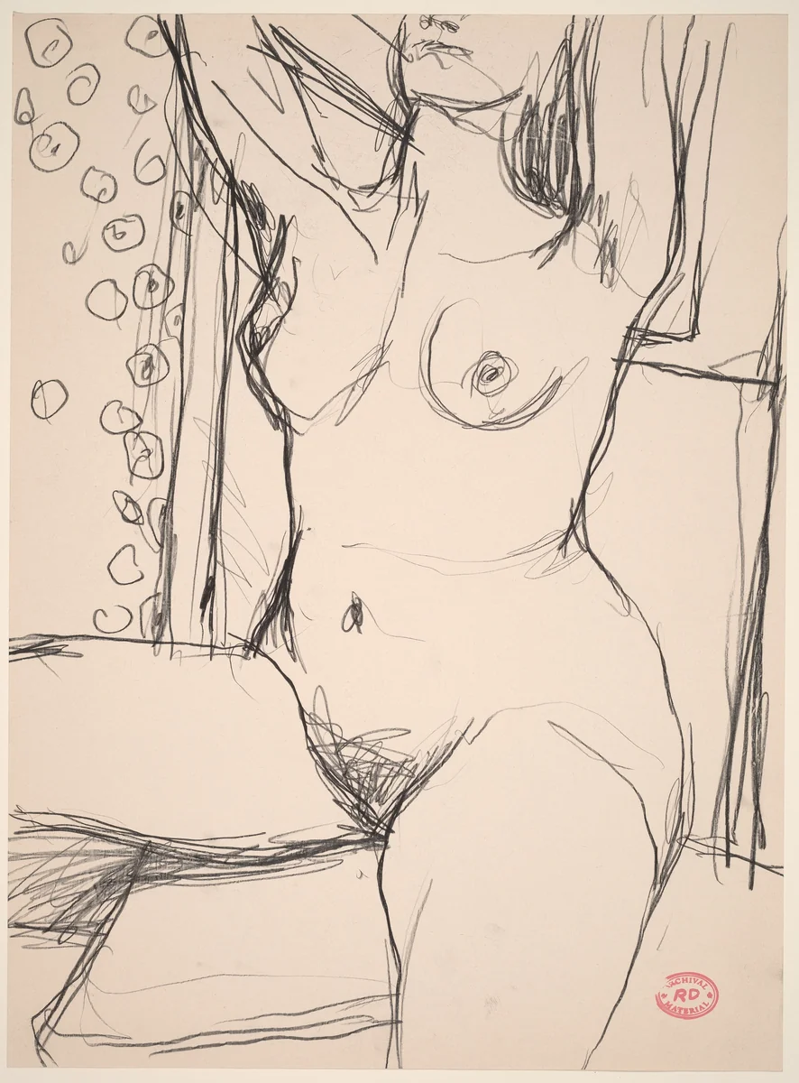 Untitled [nose-to-knee view of a seated nude with her arms raised] by Richard Diebenkorn, drawing, 1955-1967