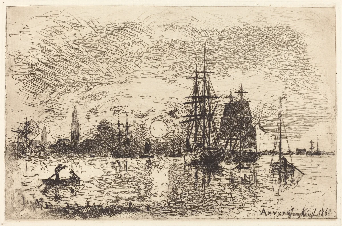 Soleil couchant, port d'Anvers (Sunset, Port of Antwerp) by Johan Barthold Jongkind, print, 1868