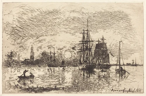 Soleil couchant, port d'Anvers (Sunset, Port of Antwerp) by Johan Barthold Jongkind, print, 1868
