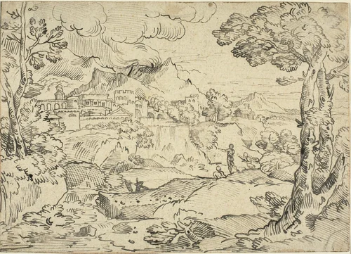 Italian Landscape with Three Figures by Michel Corneille, drawing, 1662-1705