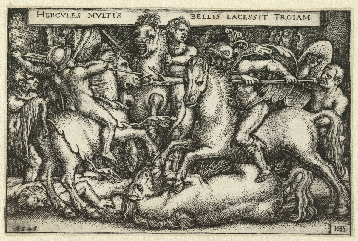 Hercules in gevecht met de Trojanen by Unknown, print, 1545
