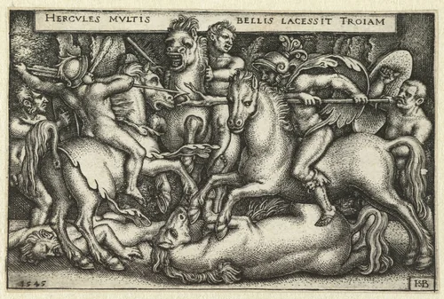 Hercules in gevecht met de Trojanen by Unknown, print, 1545
