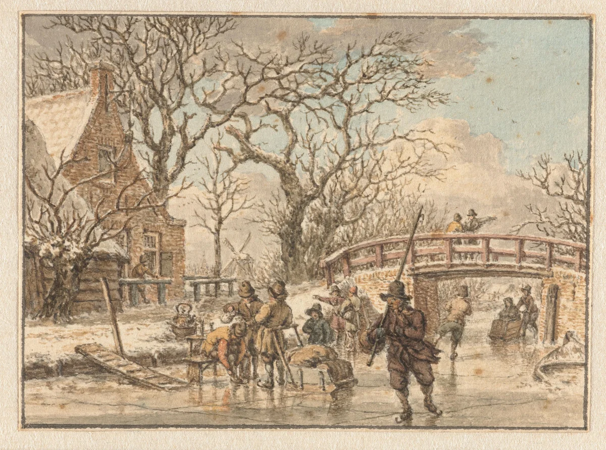 Winterlandschap met schaatsenrijders op een wetering by Jacob Cats, drawing, 1781