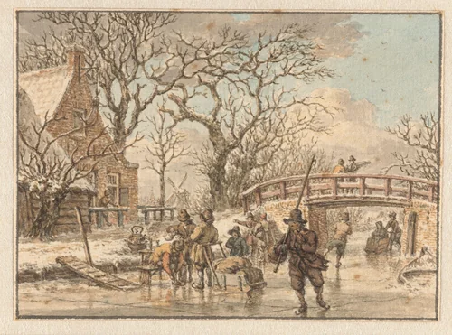 Winterlandschap met schaatsenrijders op een wetering by Jacob Cats, drawing, 1781