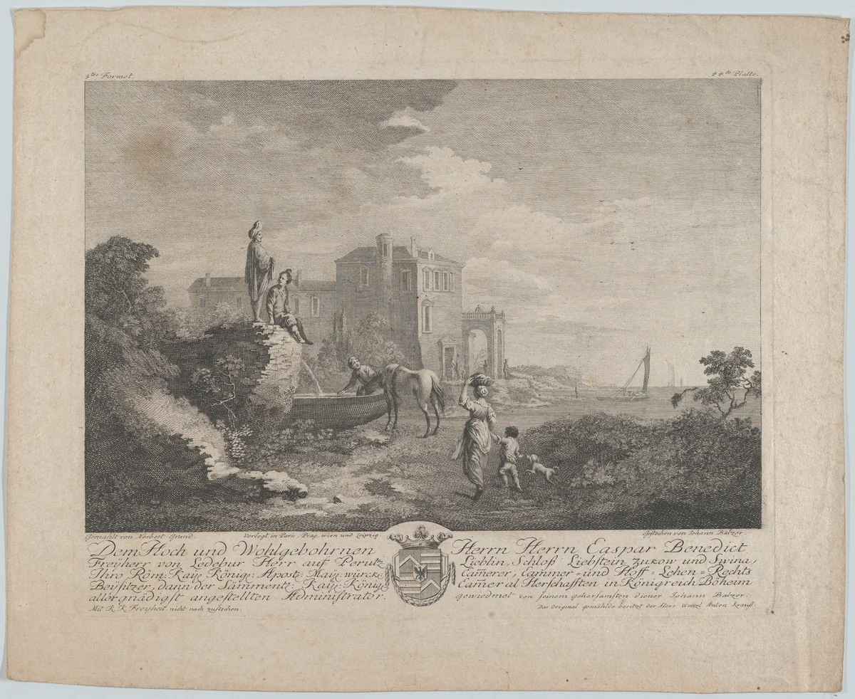 Landscape with a figures around a fountain by Johann Balzer, print, 1755-1799