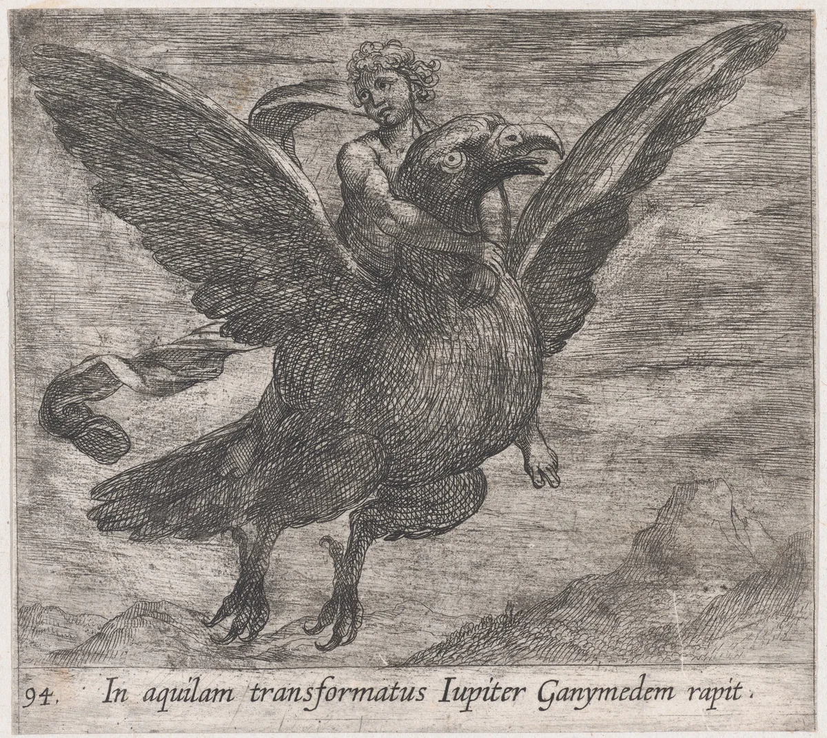 Plate 94: Jupiter and Ganymede (In aquilam transformatus Iupiter Ganymedem rapit), from Ovid's 'Metamorphoses' by Antonio Tempesta, print, 1606