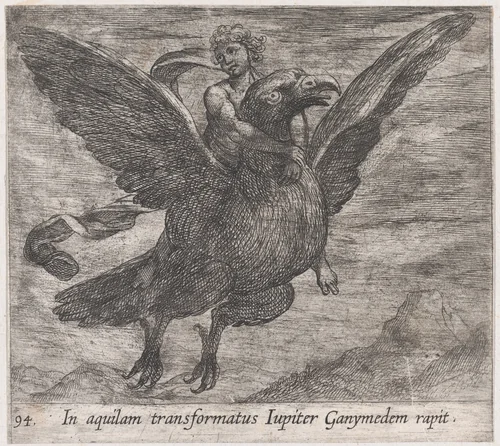 Plate 94: Jupiter and Ganymede (In aquilam transformatus Iupiter Ganymedem rapit), from Ovid's 'Metamorphoses' by Antonio Tempesta, print, 1606