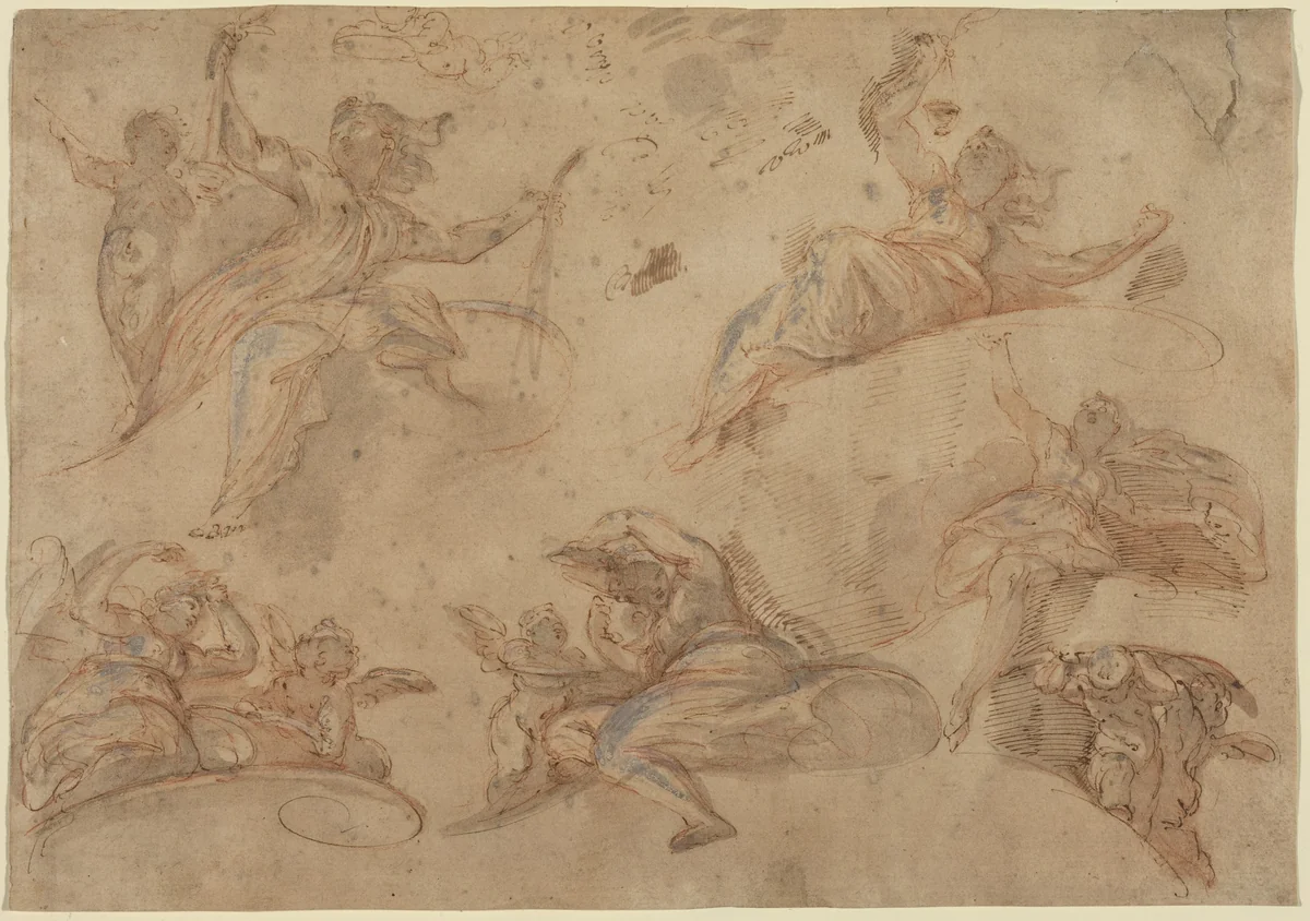 Allegorical Figures Seen from Below by Domenico Maria Canuti, drawing, 1620-1684