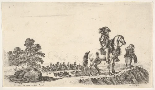 A horseman facing right in profile asking a young man for directions, a dead horse to left, a group of horsemen to left in the background, from "Various figures and lands" (Diverse figure e paesi) by Stefano della Bella, print, 1649