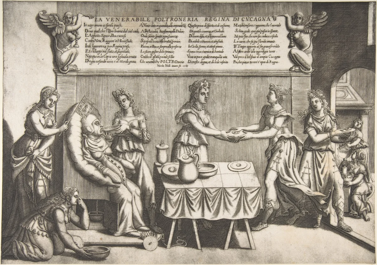 Venerable Idleness, Queen of Cockaigne; a fat woman seated on a movable toilet chair being waited on and fed by seven women by Nicolò Nelli, print, 1565