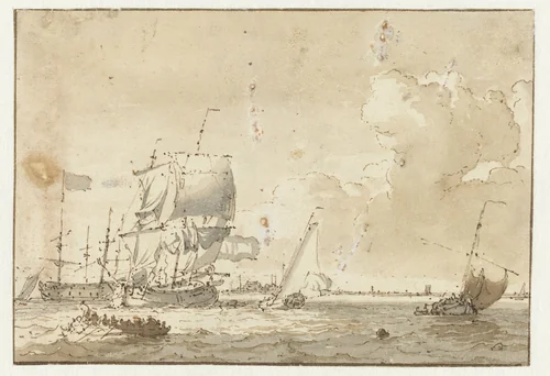 Schepen op het water voor een stad by Ludolf Bakhuysen, drawing, 1641-1708