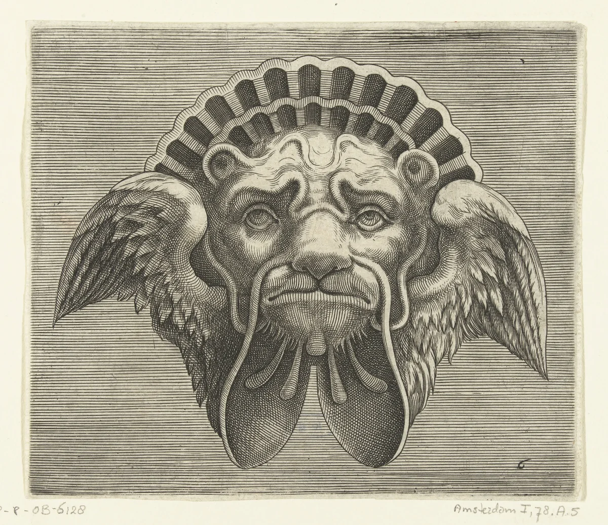 Masker met vleugels in plaats van oren en een hoofdtooi in de vorm van een schelp by Frans Huys, print, 1600-1650