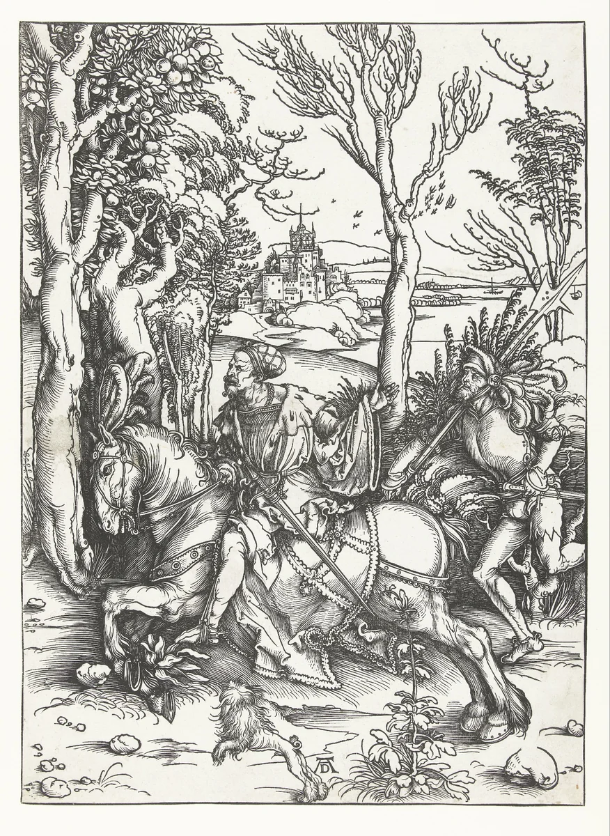 Een ruiter en een soldaat by Unknown, print, 1494-1498
