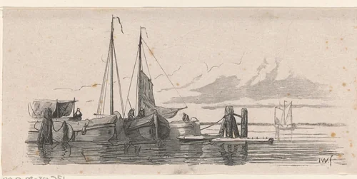 Drie aangelegde schepen met figuren aan het werk by Isaac Weissenbruch, print, 1836-1912