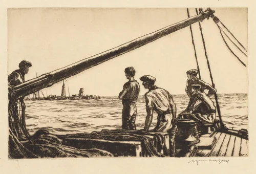 Salvage Men Approaching a Torpedoed Ship by Muirhead Bone, print, 1919