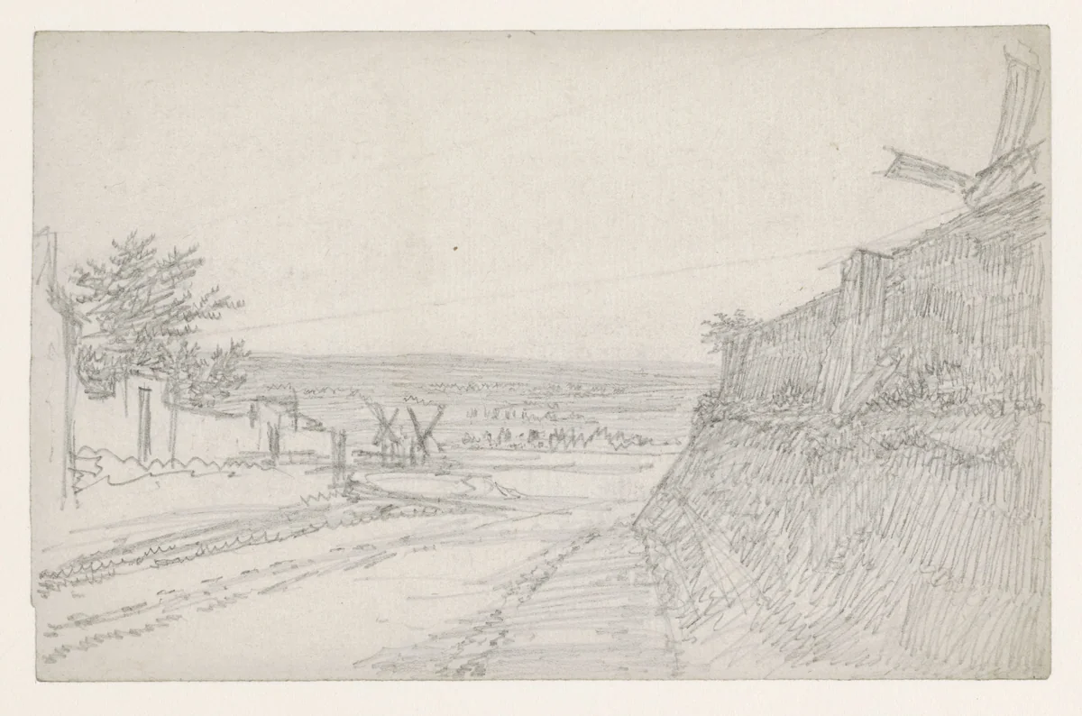 Gezicht op de Seine-vlakte; rechts het escarpement van de Butte by Georges Michel, drawing, 1773-1843