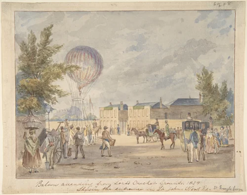 Balloon Ascending Near the Entrance to Lord's Cricket Ground, 1839 by Robert Bremmel Schnebbelie, drawing, 1834-1844