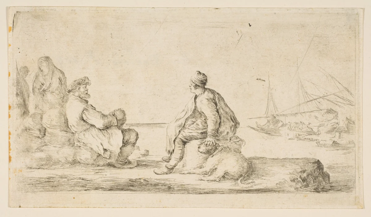 A young sailor and an old man sitting by the sea by Stefano della Bella, print, 1620-1664