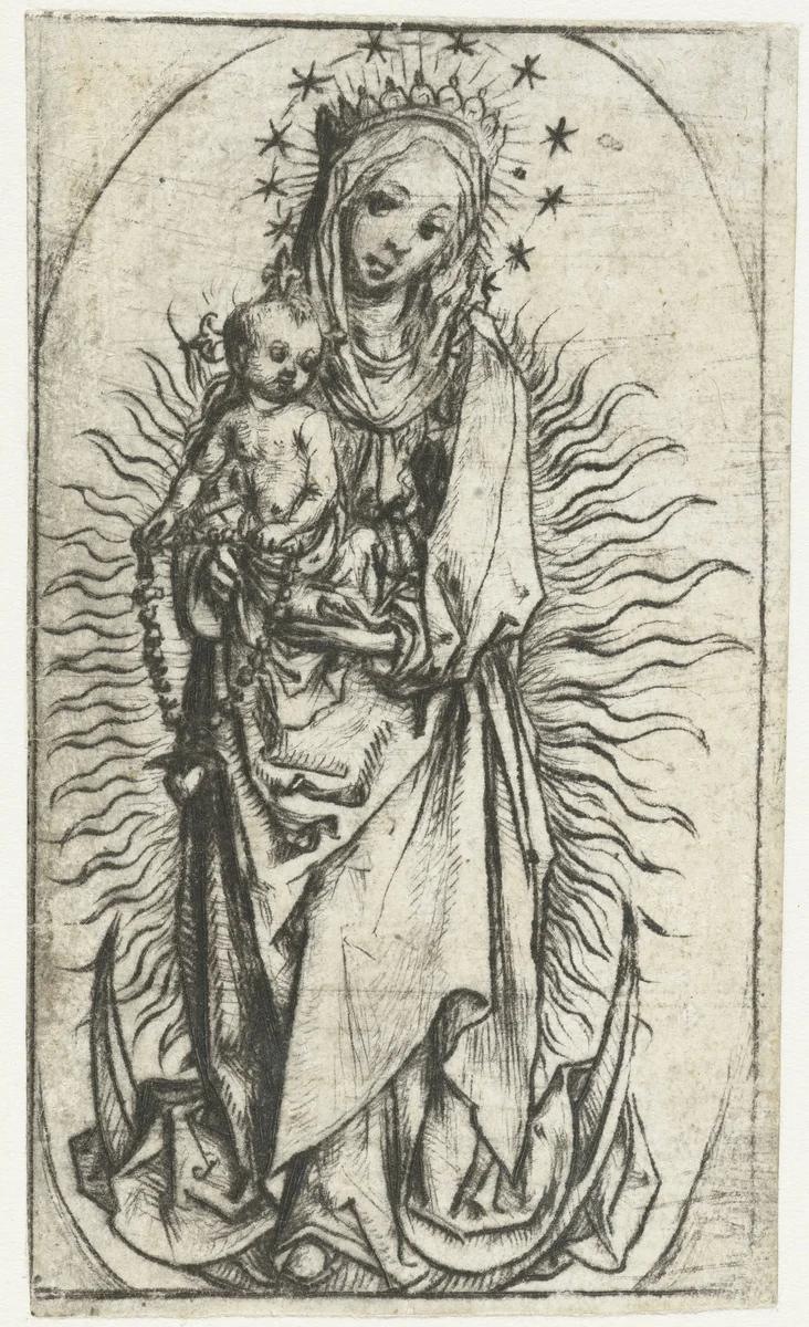 Madonna met sterrenkroon en rozenkrans op de maansikkel by Meester van het Amsterdamse Kabinet, print, 1488-1492