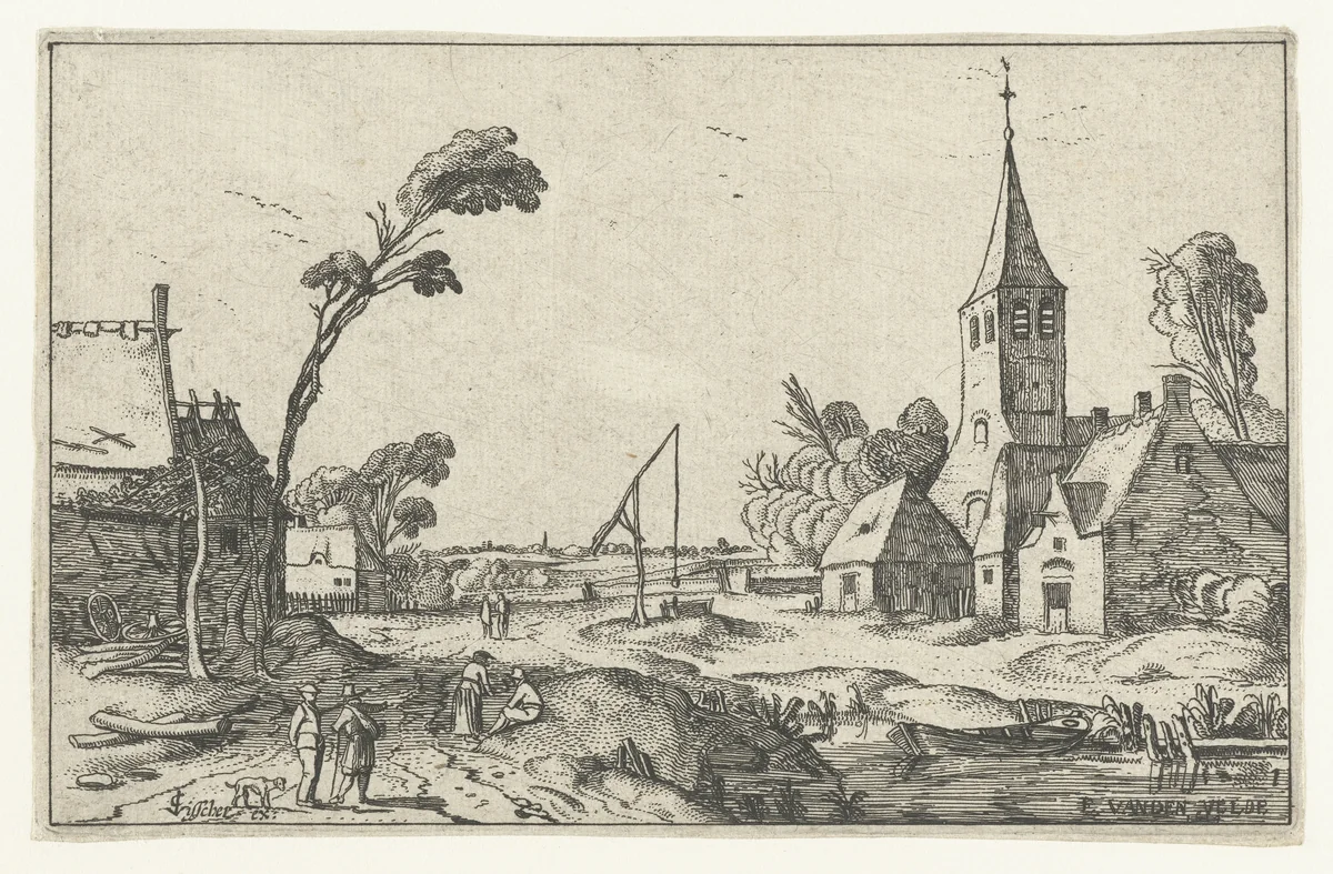 Dorpsgezicht met boerderijen, kerk en een waterput by anonymous, print, 1614