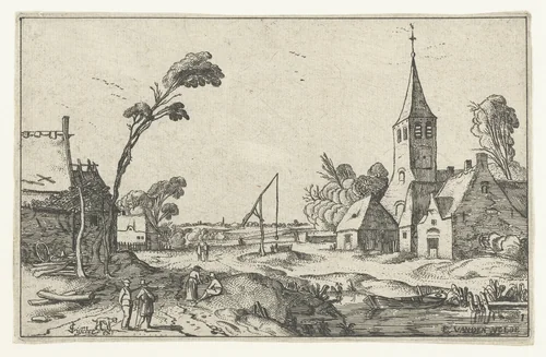 Dorpsgezicht met boerderijen, kerk en een waterput by anonymous, print, 1614