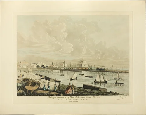 Michigan Avenue at the Foot of Madison Street, Chicago, with a view of the Illinois Central Station in the Year 1864 by Raoul Varin, print, 1926