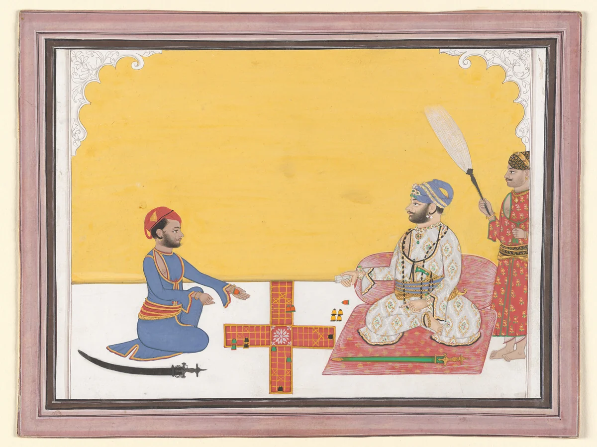 Maharaja Sovan Singh playing pachisi by Ambav, painting, 1858-1878